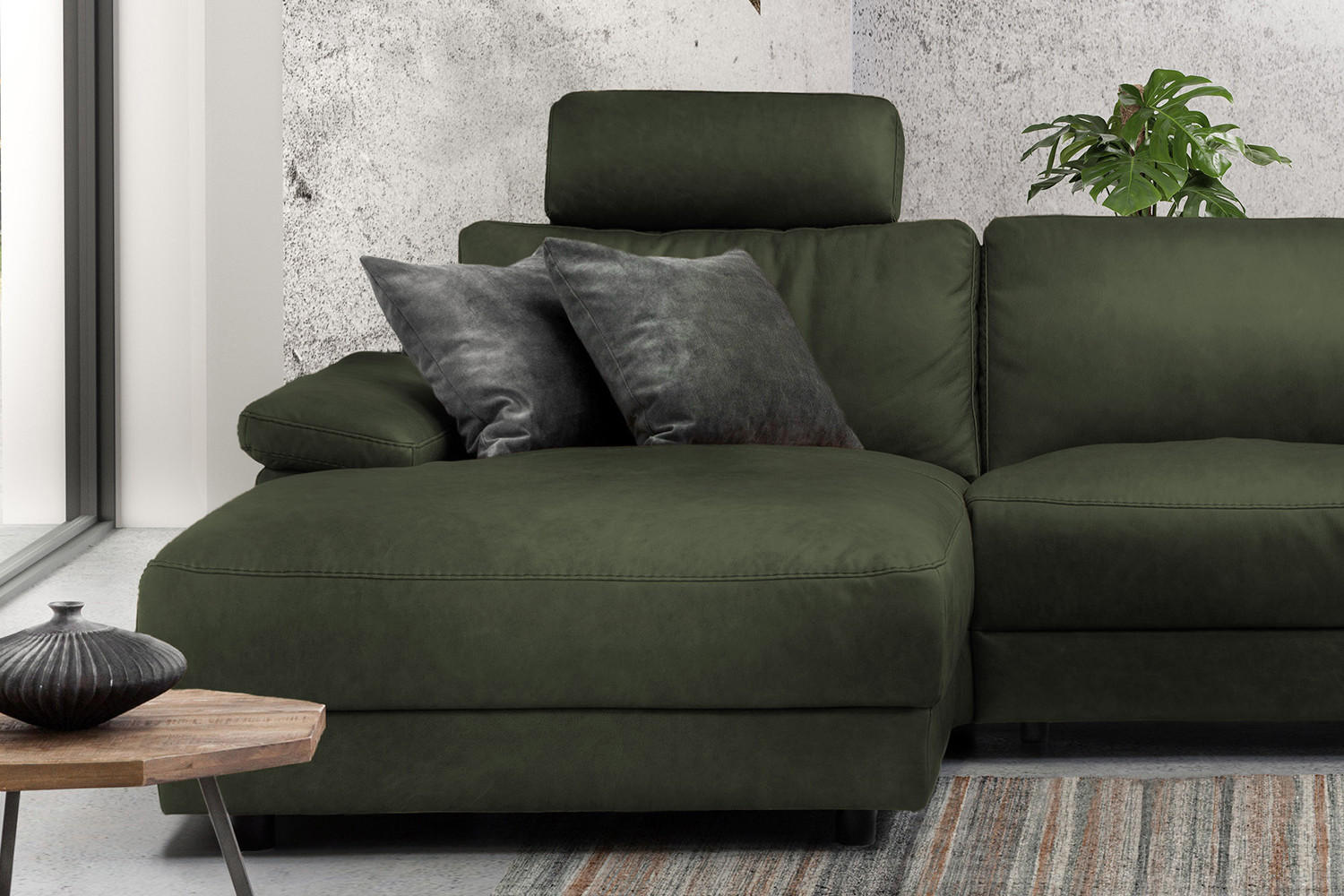 ECKSOFA XL MOTOR. RELAXFUNKTION LOLA Dunkelgrün Leder - Dunkelgrün/Schwarz, Leder (304/178cm) - KAWOLA