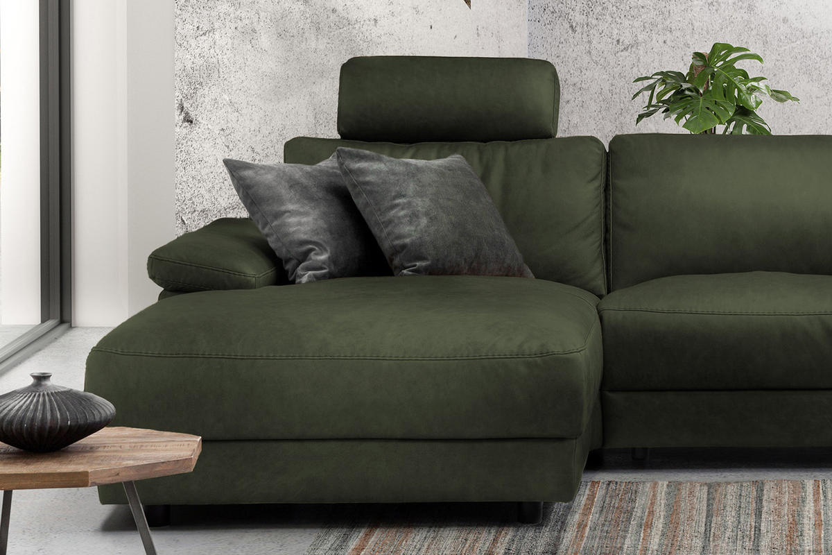 ECKSOFA XL MOTOR. RELAXFUNKTION LOLA Dunkelgrün Leder - Dunkelgrün/Schwarz, Leder (304/178cm) - KAWOLA