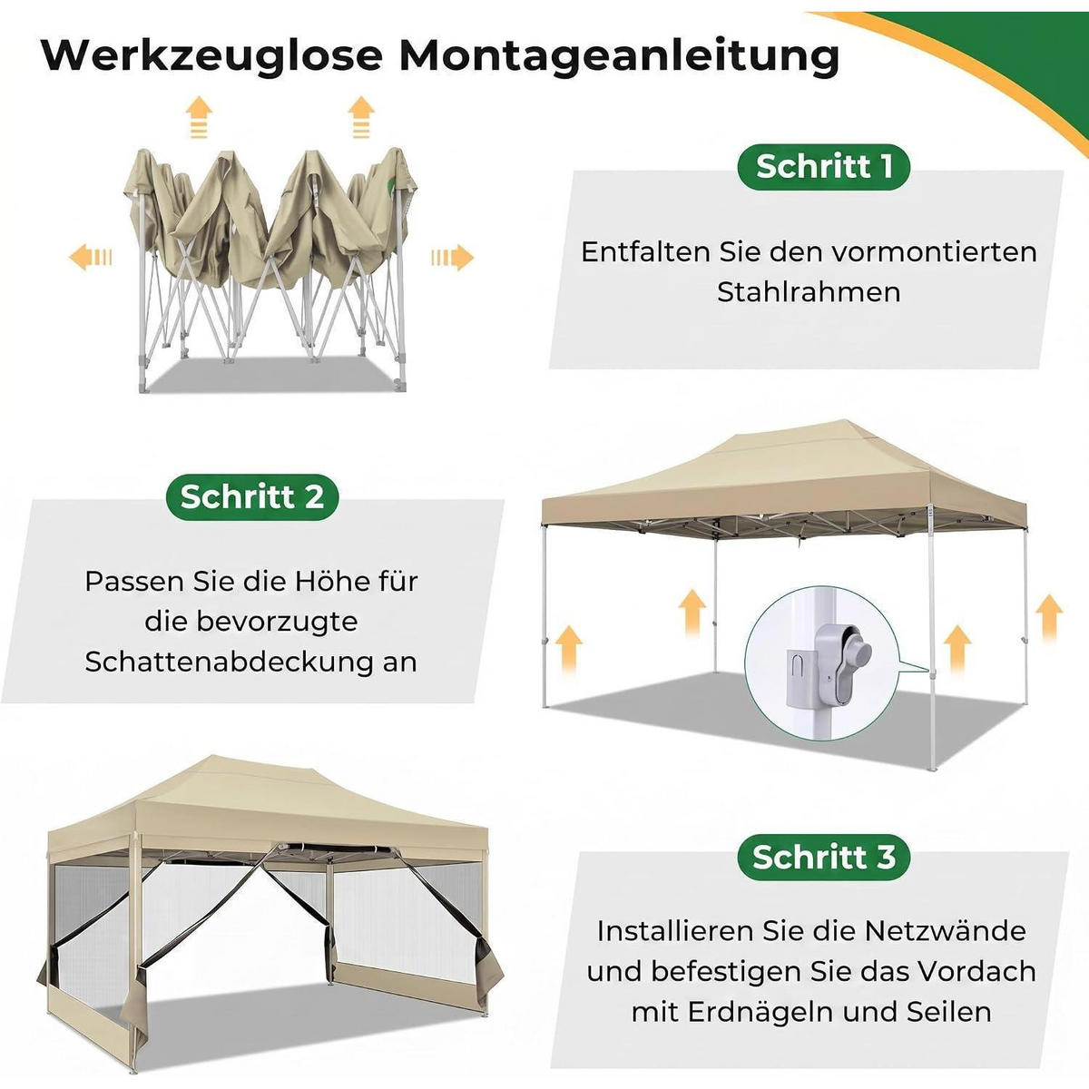 FALTPAVILLON 3 x 4,5 m Khaki Wasserdicht mit Moskitonetz - Olivgrün, Textil (300/335/450cm)
