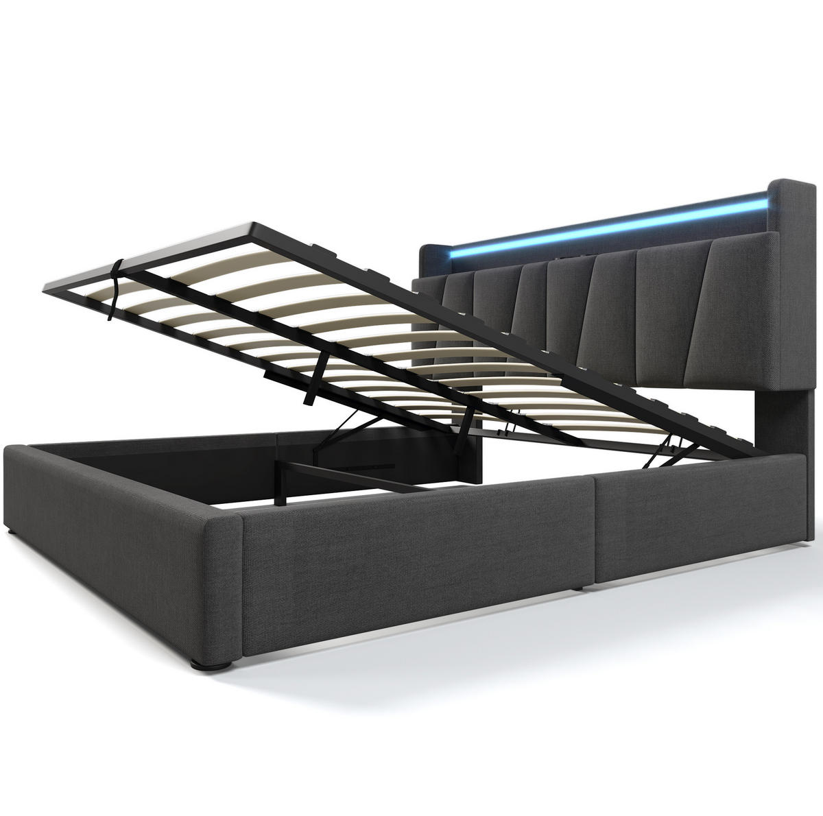 POLSTERBETT 140/200 cm mit Matratze, LED-Beleuchtung, USB, Type-C, Steckdosen und Bettkasten, Grau - Grau, Textil (140/140cm) - Redom