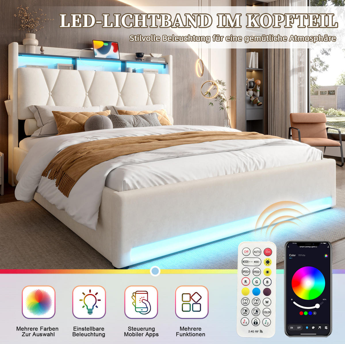 BETT mit Stauraum und LED 140x200 cm Samt Beige - Beige, Metall (140/200cm) - Meubliv