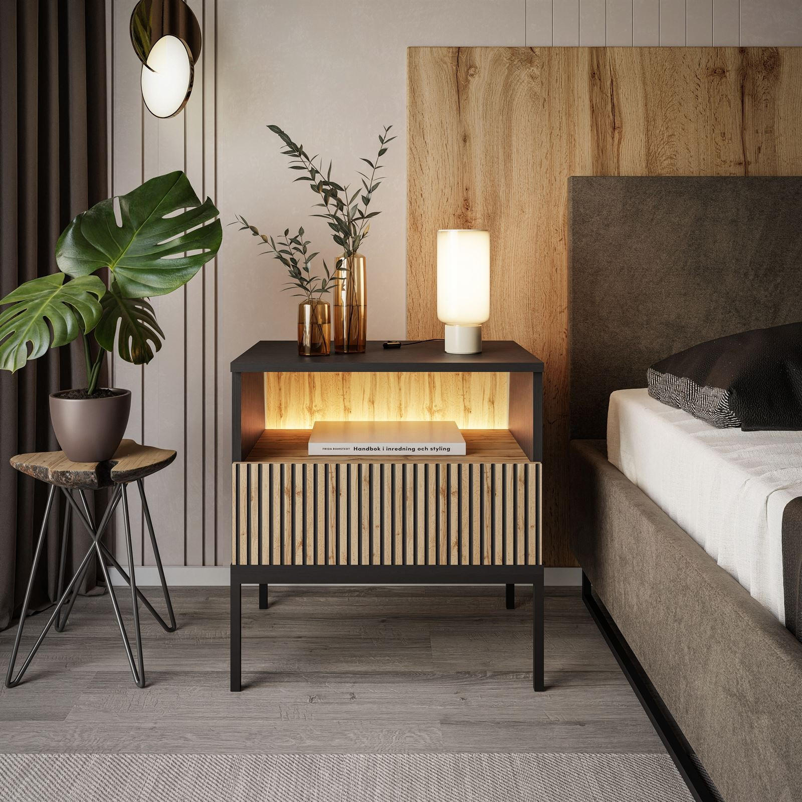 NACHTTISCH ECLIPSE S54 mit Beleuchtung,Schwarz Eiche Wotan - Eiche Wotan, Holzwerkstoff (54/56/39cm) - Lookway