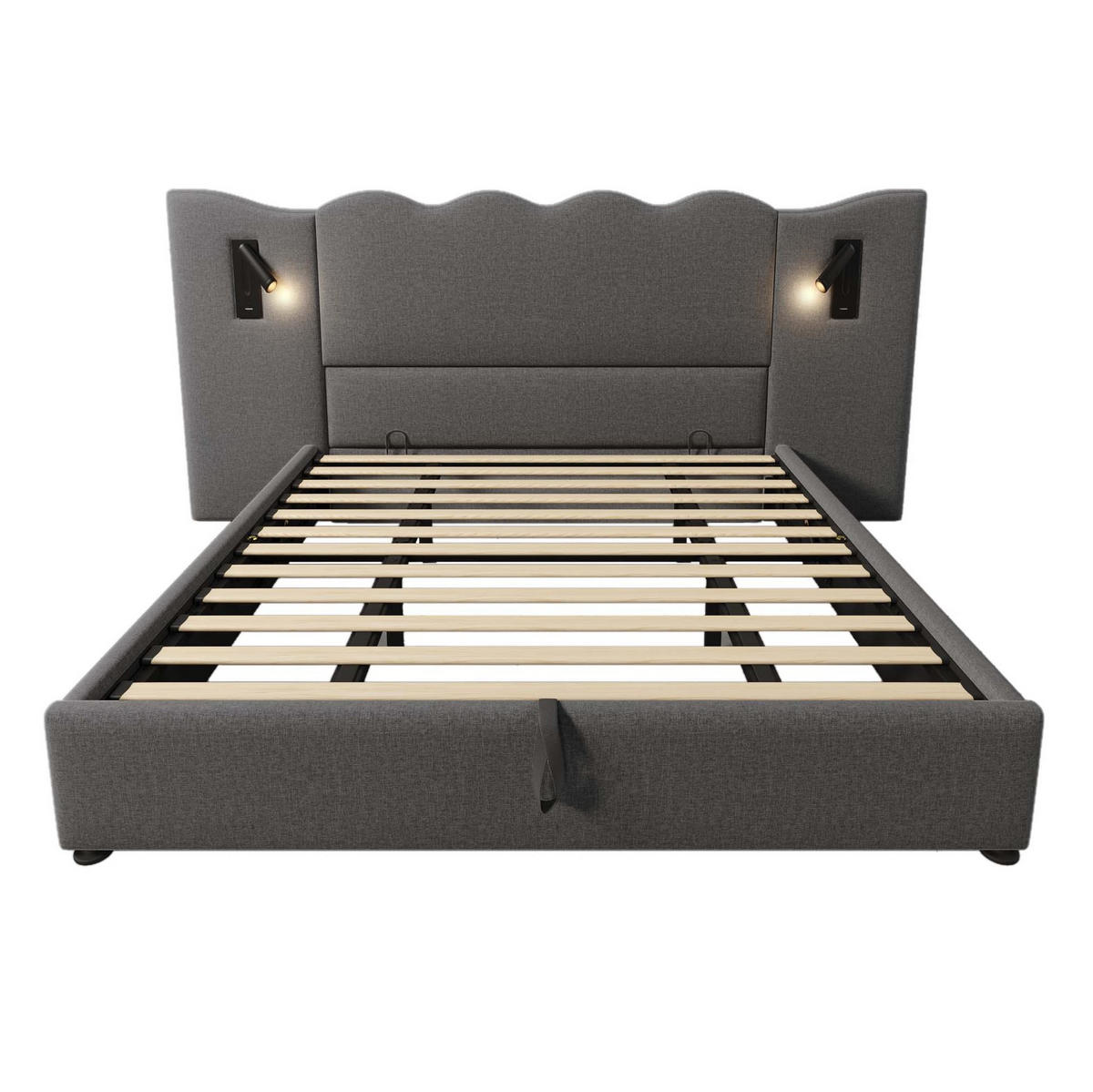 POLSTERBETT aus Leinen 180x200 cm in Grau mit Leselampe & USB-C-Ladefunktion - Grau, Textil (180/200cm) - Modfu