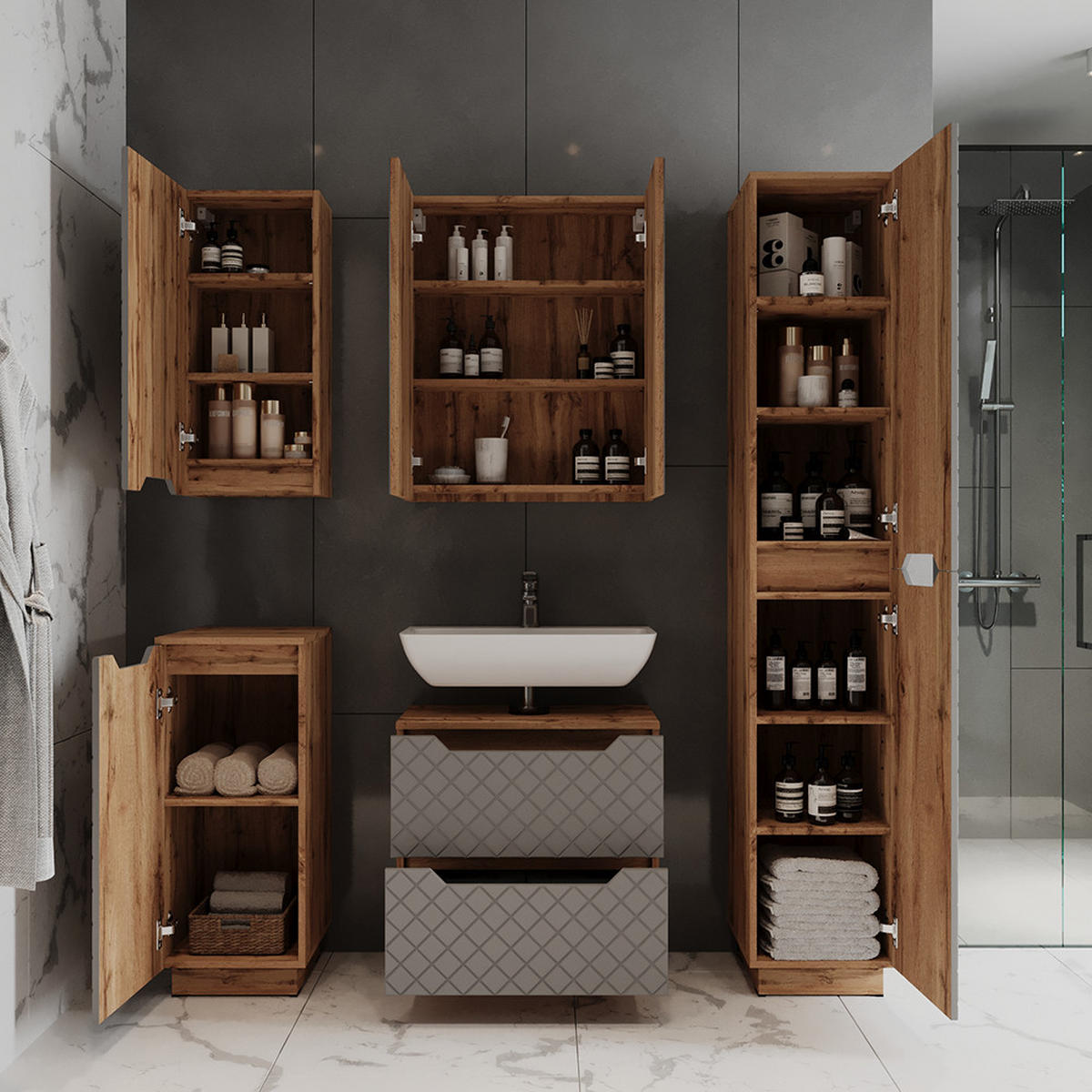 BADSCHRANK Lotta Eiche/Grau mit Kachelstruktur 33 x 186 cm mit 2 Türen - Grau, Holzwerkstoff (33/186/35cm) - Vicco