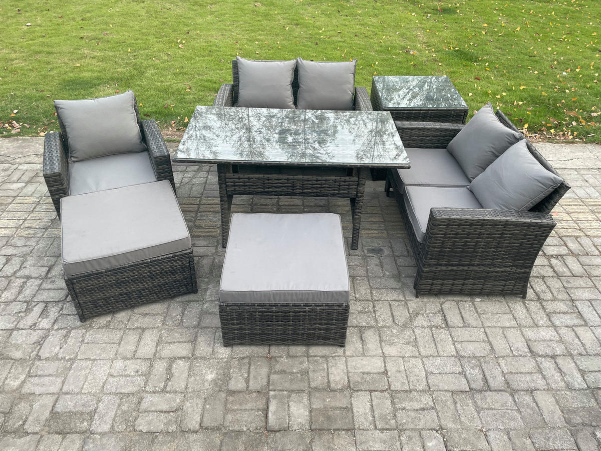 BALKONMÖBEL-SETS mit 2-Sitzer Sofa,2 große Fußhocker,Esstisch,Beistelltisch Polyrattan Dunkelgrau 7-Sitzer - Dunkelgrau/Grau, Glas/Kunststoff - Fimous