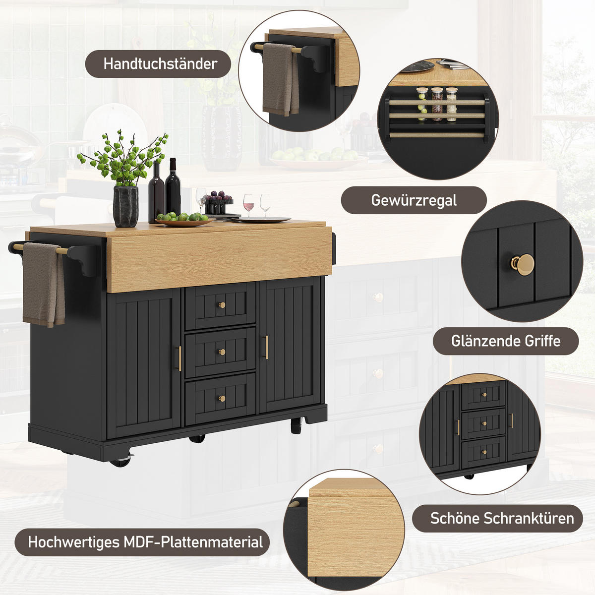 KÜCHENINSEL 120/40/95 cm schwarz aus MDF/Metall klappbar - Schwarz, Holzwerkstoff (120/95/40cm) - OKWISH