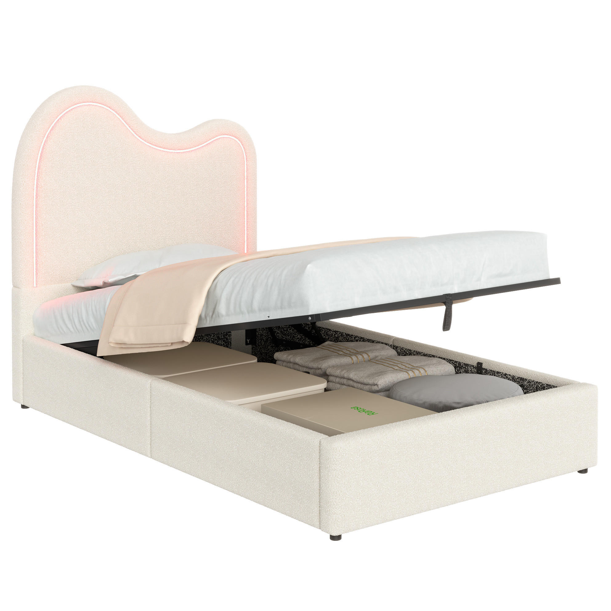 KINDER-POLSTERBETT aus Bouclé 90x200 cm Weiß mit Bettkasten, Lattenrost und LED-Beleuchtung - Weiß, Textil (90/200cm) - Modfu