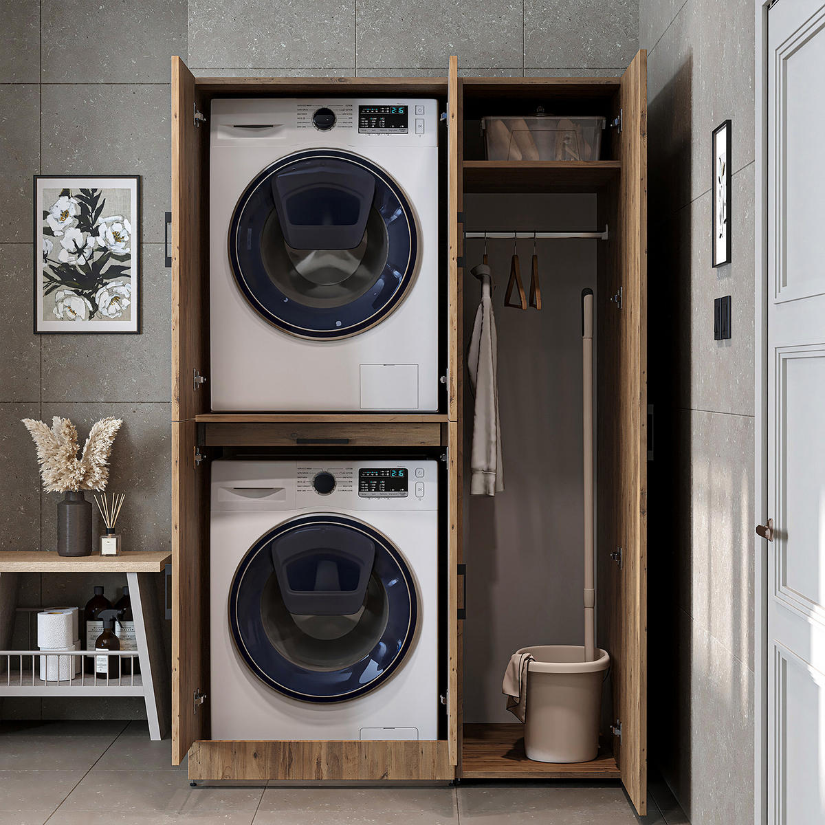 WASCHMASCHINENSCHRANK DORA-I 115cm Breit, 186cm Hoch - Eichefarben, Holzwerkstoff (115/186/73.8cm)