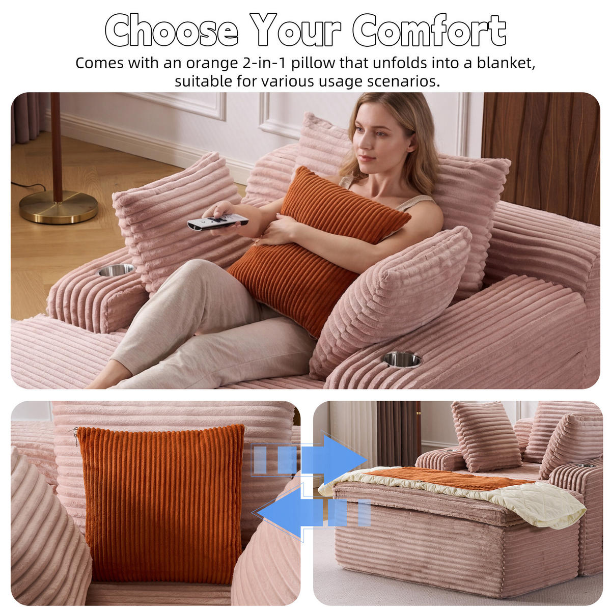 SOFA mit Chaiselongue Pink Cord - Pink, Kunststoff (112/63/165cm) - Meubliv