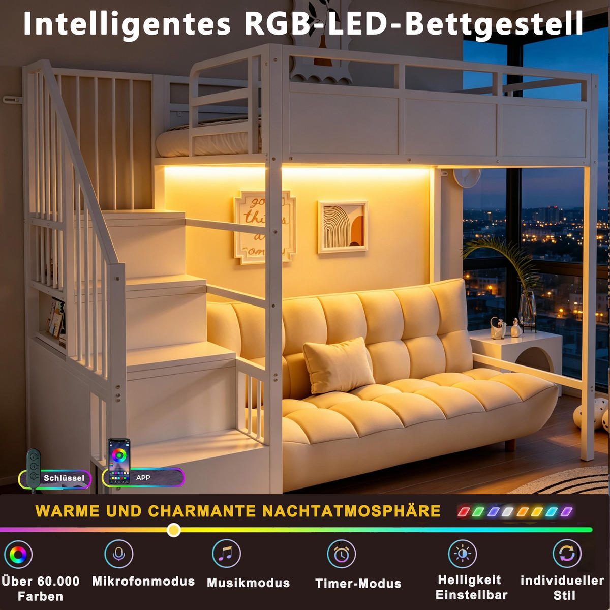 HOCHBETT 90x200cm Metall Stauraumleiter LED Weiß - Weiß, Metall (90/200cm) - FLIEKS
