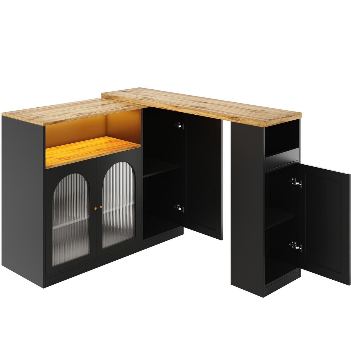 BAROVÝ stůl z MDF 197/39,6/100 cm s otočnou deskou 360°, LED osvětlením a skleněnými dvířky, Černá - černá, kompozitní dřevo (39.6/97/108cm) - Redom
