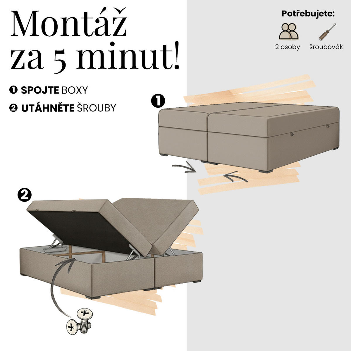 BOXBETT WOOD ZERO 180/200 - Beige Struktur - H3 - Topper T25 - Beige, Textil (180/200cm) - MKS