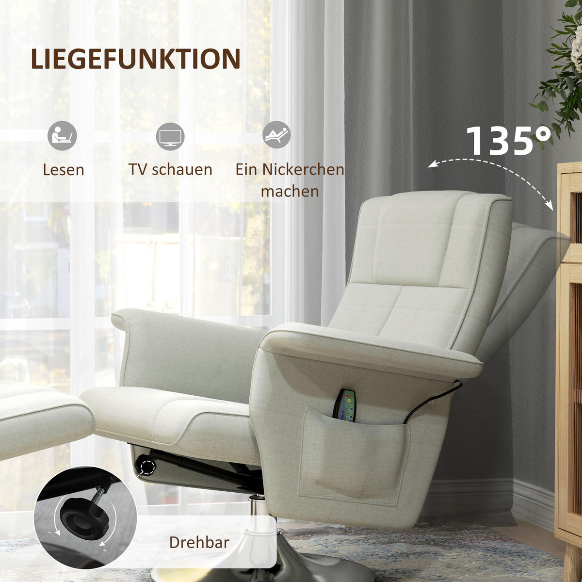 MASSAGESESSEL mit Fußhocker, elektrischer Relaxsessel mit Liegefunktion Creme - Silberfarben/Creme, Textil/Metall (95/88/78cm) - HOMCOM