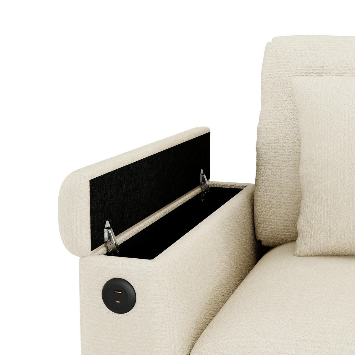SOFA 3-Sitzer mit Klapptisch USB und Stauraum Chenille Beige - Beige, Kunststoff (242/88/80cm) - Meubliv