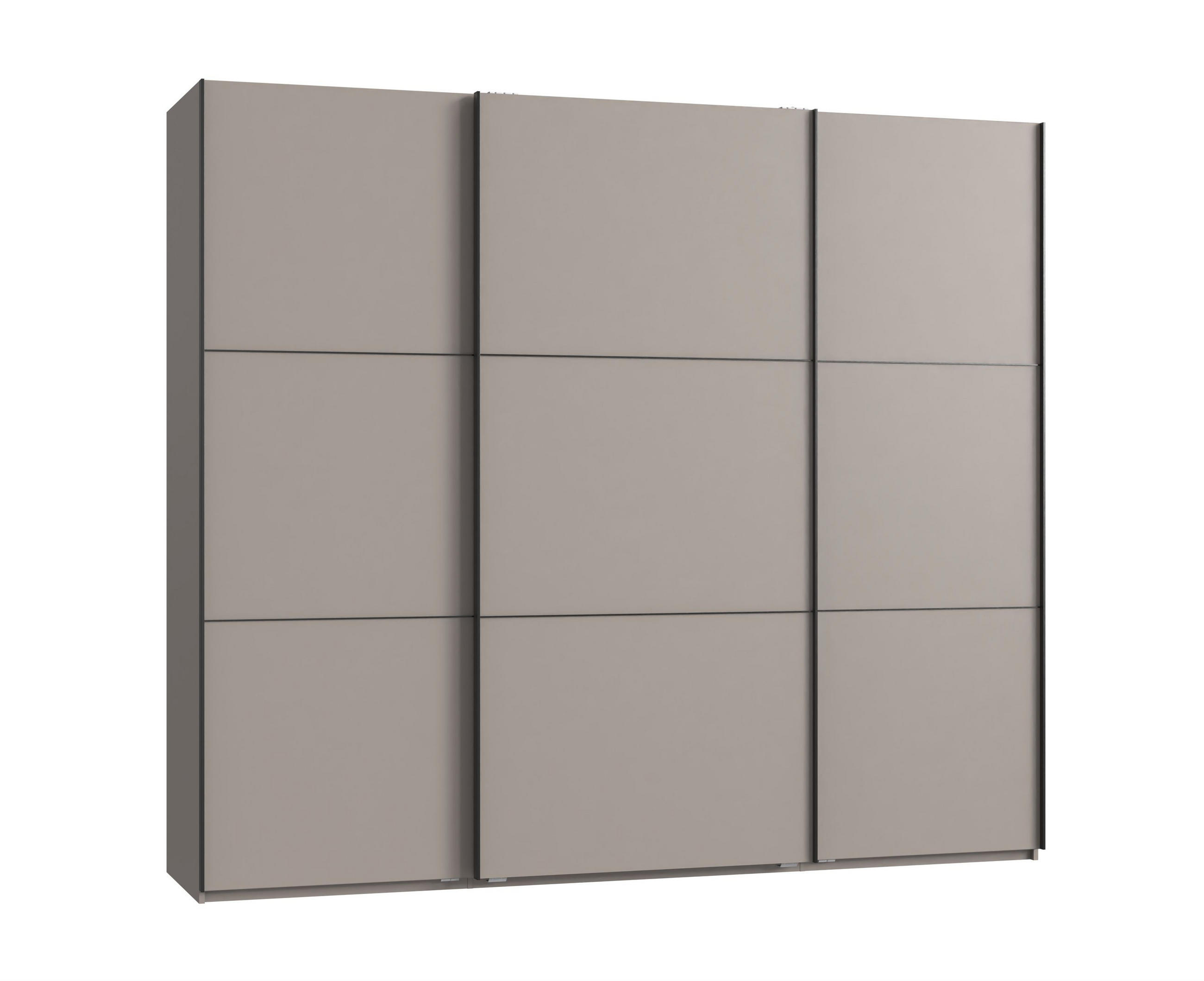 luma-home SKŘÍŇ S POSUVNÝMI DVEŘMI, 3dveřová, šířka 250 cm, výška 216 cm, hloubka 65 cm, v pískově šedé barvě, včetně kompletního vybavení / 22011
