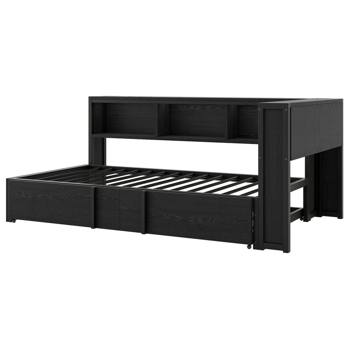 AUSZIEHBETT 90/200 cm DE-03418, mit Stauschränken, LED und USB, in Schwarz - Schwarz, Holzwerkstoff/Metall (90/200cm) - ComfortXL
