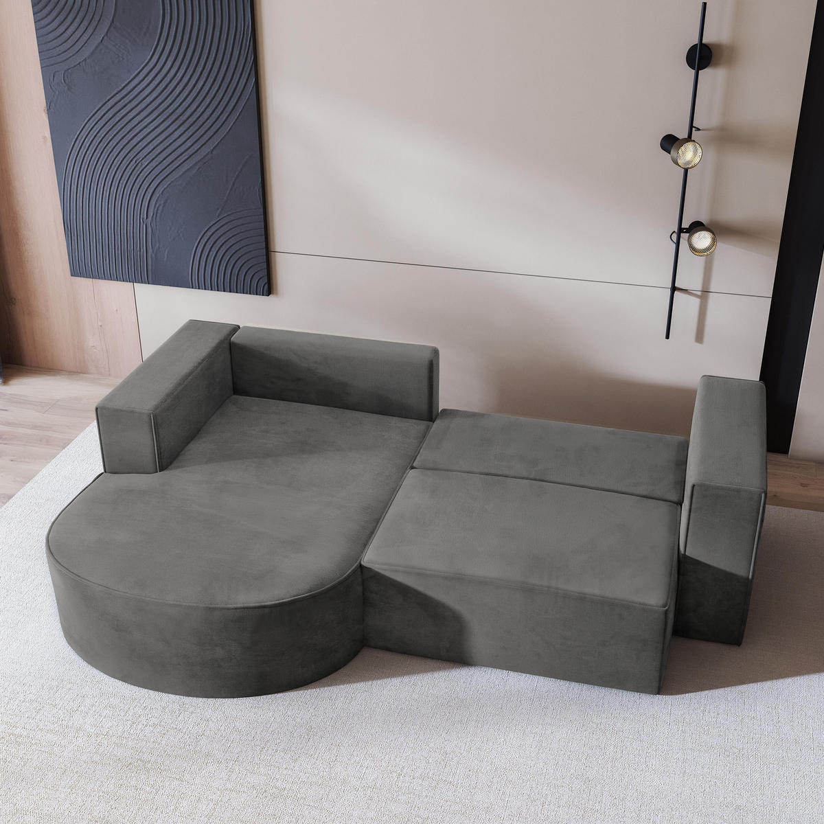 ECKSOFA SORELA M L-S Grau Velours-Stoff mit Schlaffunktion - Grau, Holz (263/174cm) - MASSENO