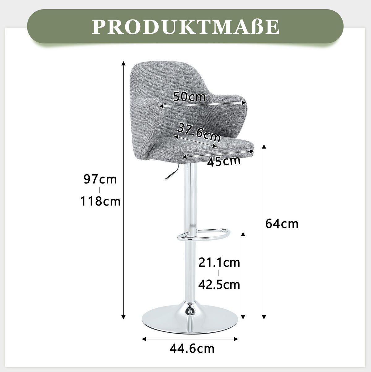 BARHOCKER 2er-Set höhenverstellbar drehbar mit Armlehnen Stoff Gray - Grau, Metall (37.6/118/45cm) - Meubliv
