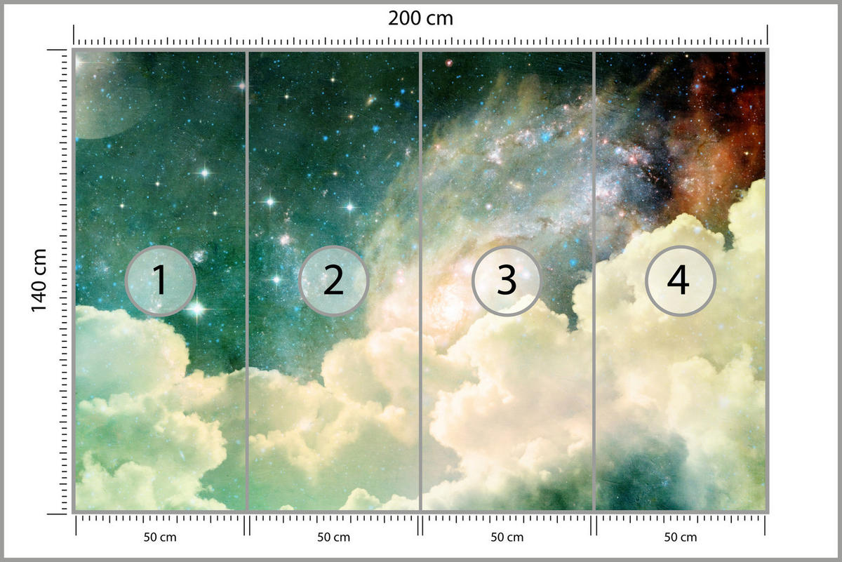 FOTOTAPETE für Kinderzimmer Kosmische Nebelwolken Sterne Galaxie Mystisch 200x140 - Türkis/Pastellgrün, Papier (200/140cm) - Muralo
