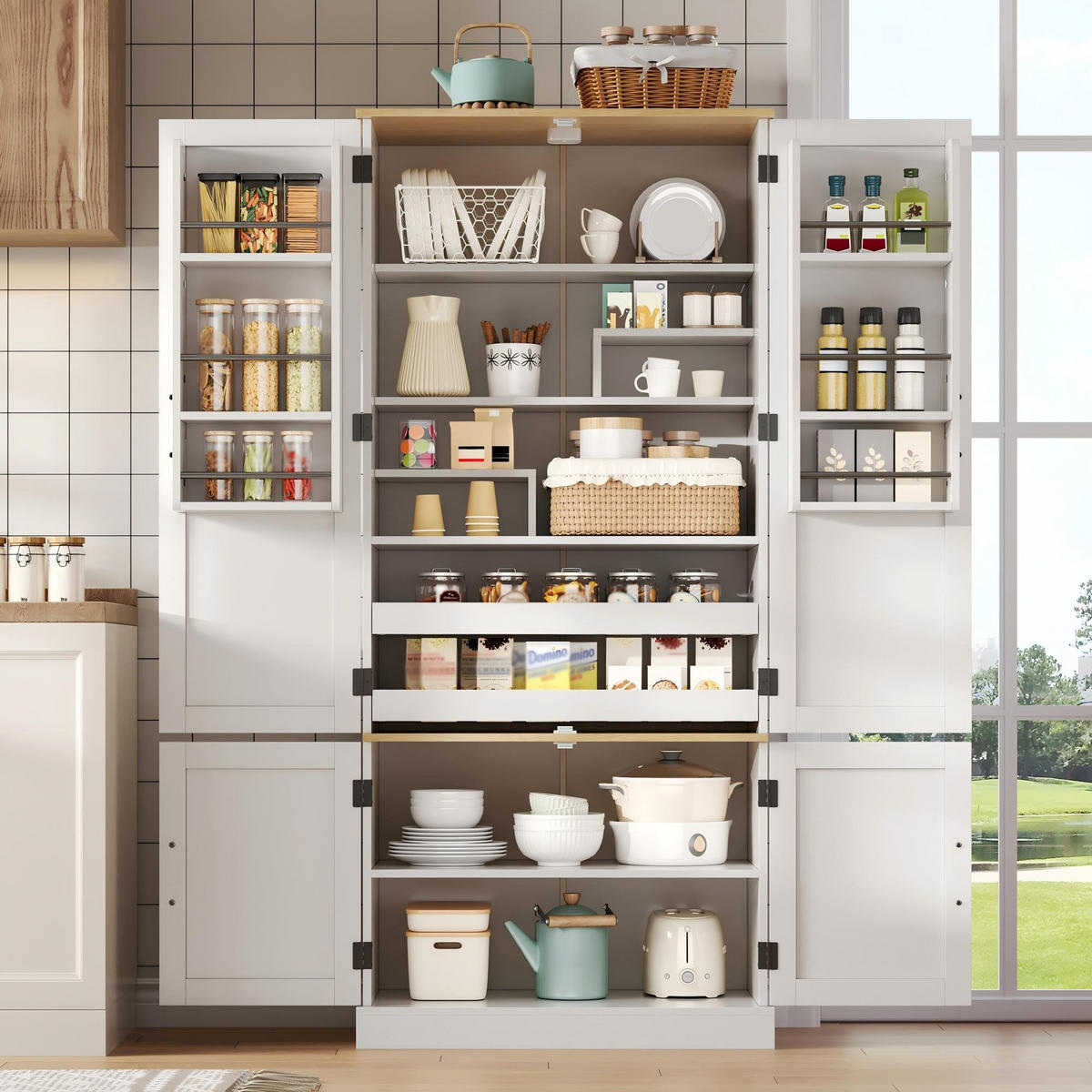 GESCHIRRSCHRANK 181 cm MDF Weiß mit Bewegungssensor LED und Schubladen - Weiß, Holzwerkstoff (80.01/181.1/39.62cm) - Korfee
