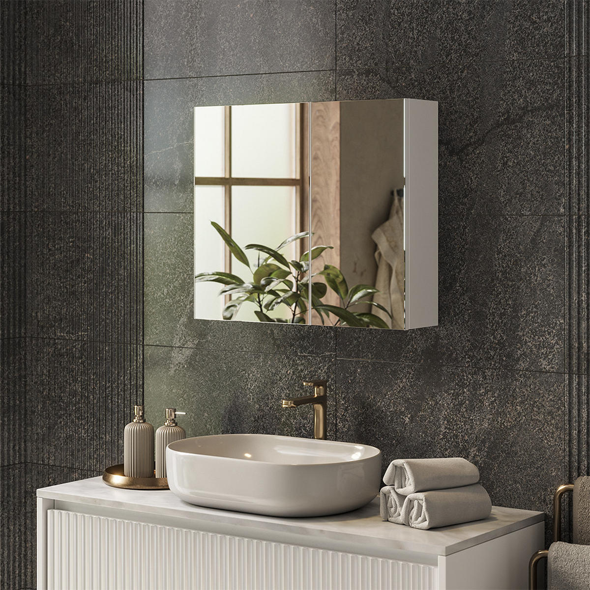 KOPALNIŠKA OMARICA Z OGLEDALOM Lavia, Bela, 70 x 60.2 cm - bela, leseni material (70/170/17cm) - Vicco