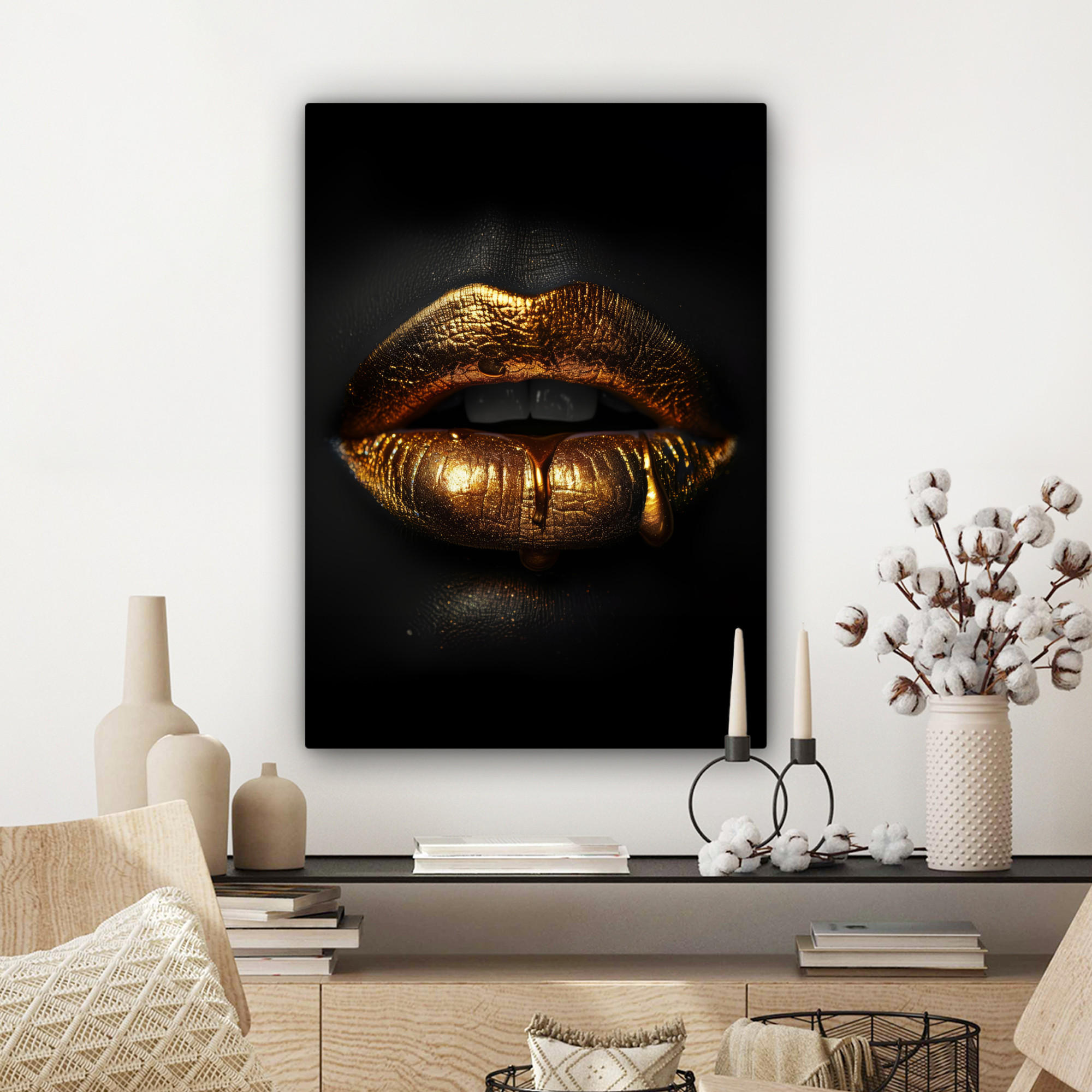 LEINWANDBILD Frau - Porträt - Lippen - Gold - Schwarz 60x80 cm - Schwarz, Textil (60/80cm) - MuchoWow