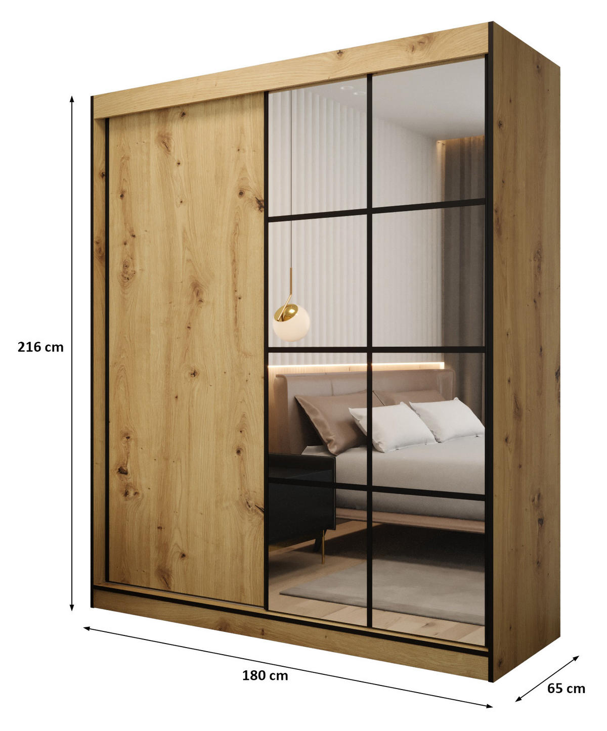 SCHIEBETÜRENSCHRANK MODENA 2 180, 2-türig Kleiderschrank mit 1 Spiegel, Moderne Garderobe, Schrank in Größe: 180 x 216 x 65 cm - Schwarz/Braun, Holzwerkstoff (180/216/65cm) - O-Sofa