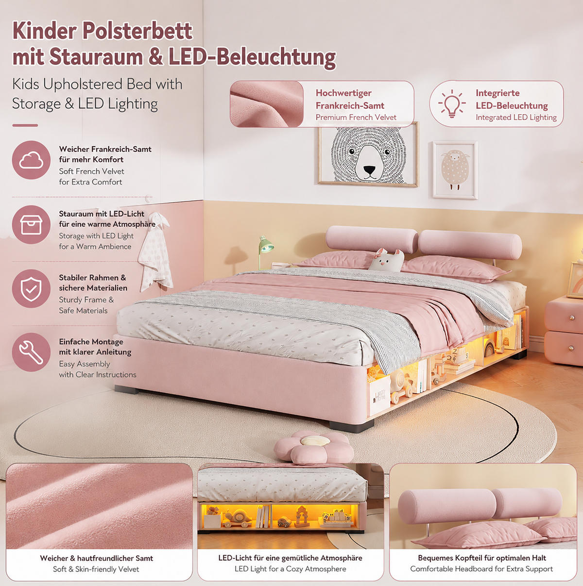 KINDER-POLSTERBETT 140x200 cm in Rosa mit LED-Seitenregal und offenem Stauraum - Pink, Textil (140/200cm) - IVMEU