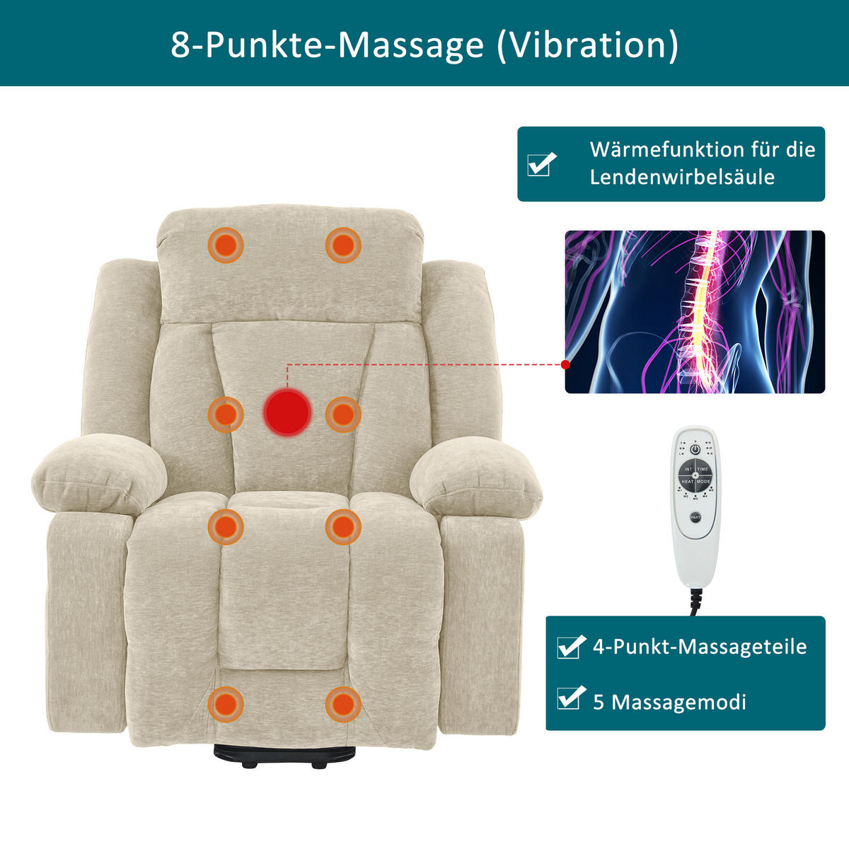 MASSAGESESSEL Stoff Beige mit Massagefunktion, Heizfunktion, USB und Hebefunktion - Beige, Holzwerkstoff/Textil (95/107/94cm) - WISHDOR