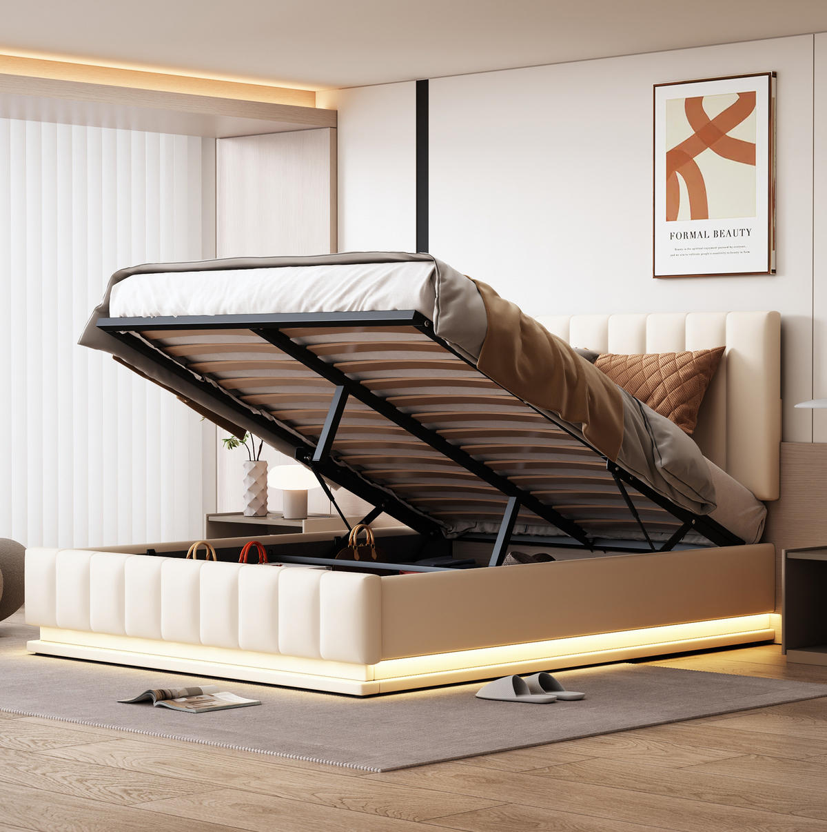 POLSTERBETT 140/200 cm mit LED-Streifen und Stauraum, Weiß, Doppelbett - Weiß, Textil (140/200cm) - OKWISH