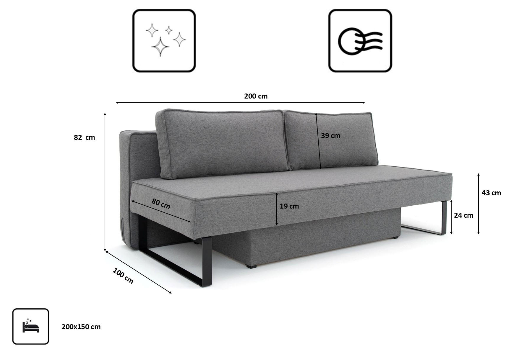 Thumbnail - Kaiser Möbel Schlafsofa, Dunkelgrau, Holz, 200x82x100 cm, Wohnzimmer, Sofas & Couches, Schlafsofas