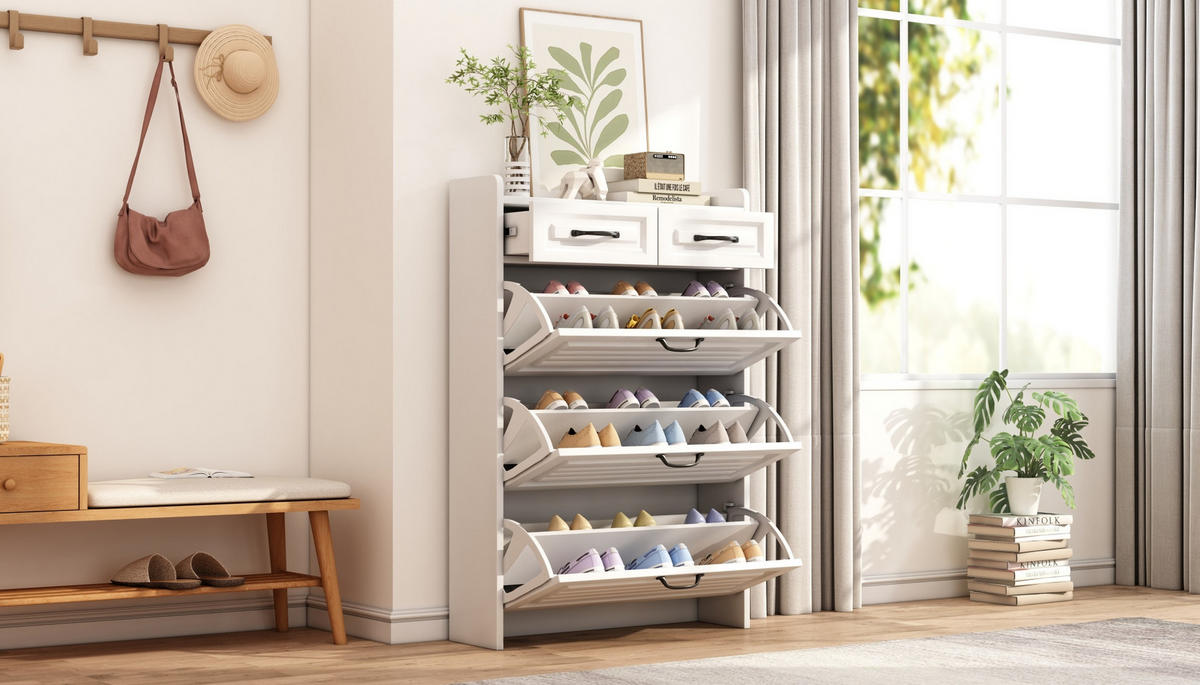 SCHUHSCHRANK mit Schubladen und Türen, weiß matt / Eichen-Optik, moderner Stauraum für Wohnzimmer, 131/23,5/80 cm - Weiß, Holzwerkstoff (131/23.5/80cm) - Redom
