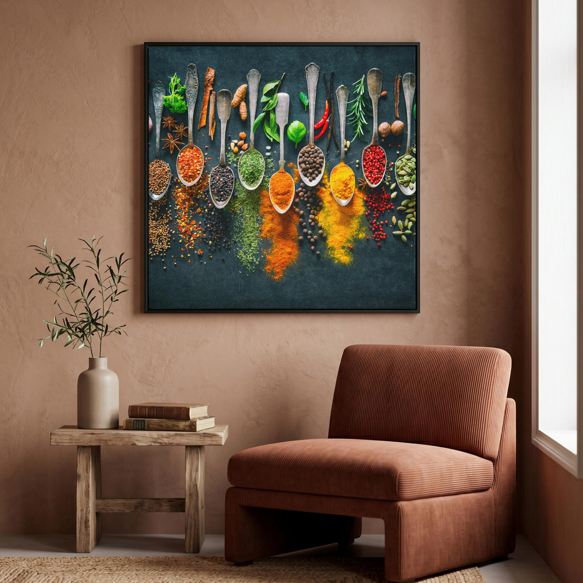 LEINWAND Bilder mit Rahmen - Kräuter - Gewürze - Löffel - 90x90 - Currygelb, Textil (90/90cm) - MuchoWow