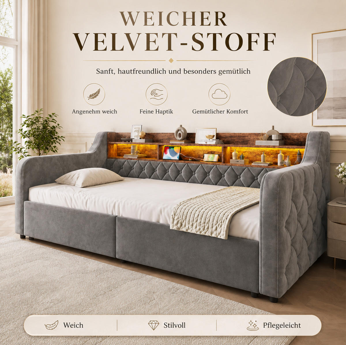POLSTERBETT aus Velvet 90x190 cm Dunkelgrau mit LED-Beleuchtung, Ladeanschlüssen und 2 Schubladen - Dunkelgrau, Textil (90/190cm) - Modfu