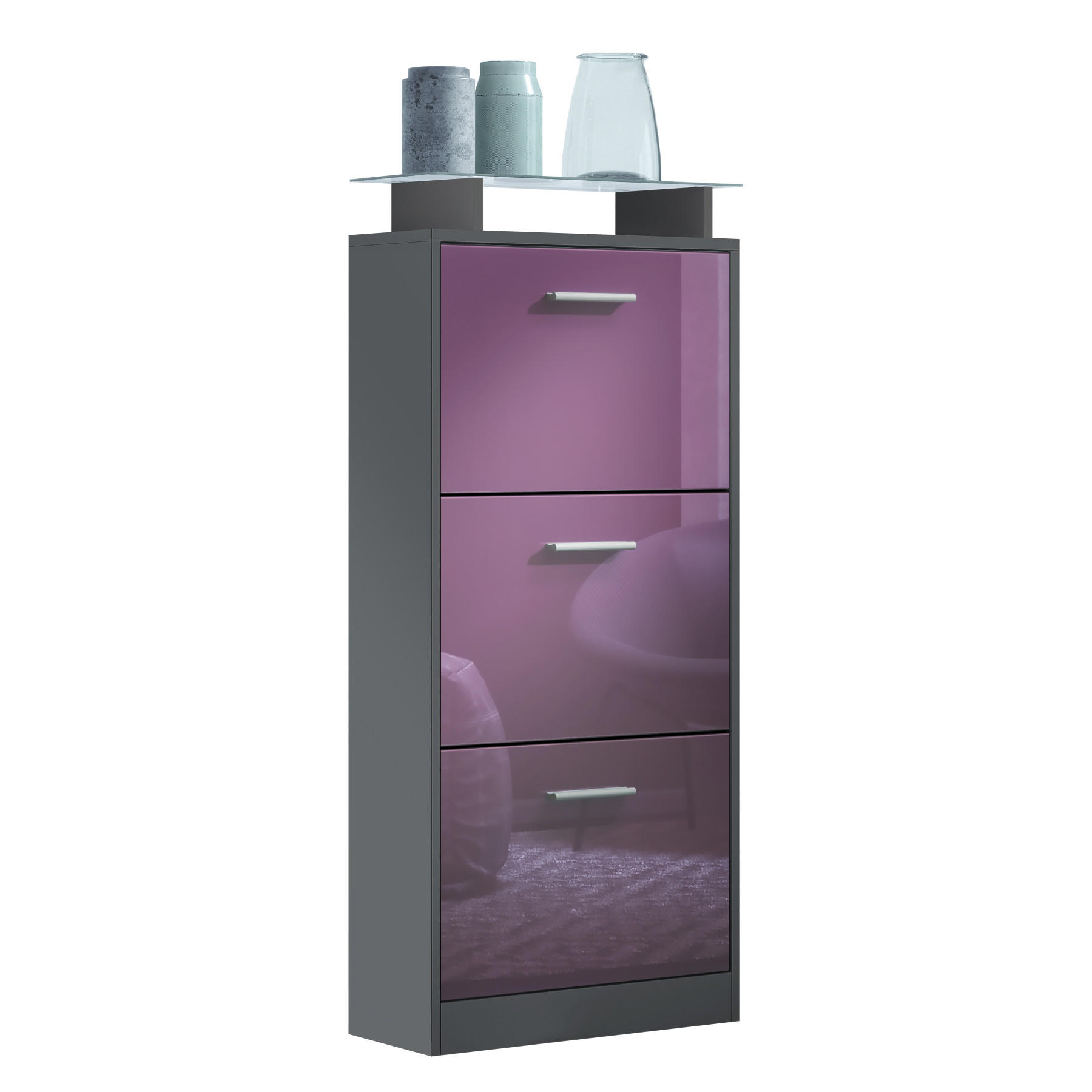 SCHUHSCHRANK Lavia Front in Brombeer Hochglanz - Brombeere, Holzwerkstoff (46/128/23cm) - Vladon