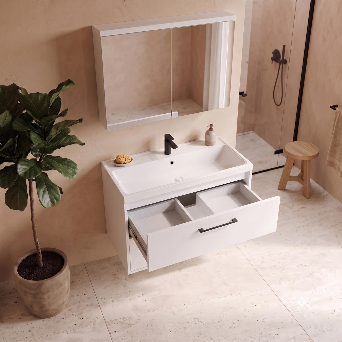 BADMÖBEL-SET Florence 2 Teile Hochglanz Weiß - 80 x 40 x 51 cm - Weiß, Holz (80/51/40cm) - Badplaats