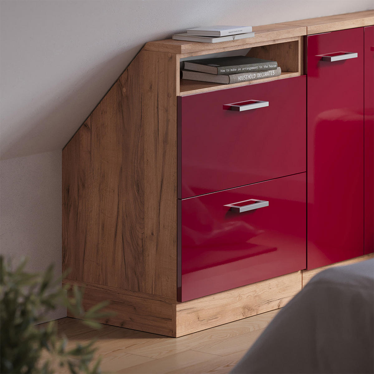 DACHSCHRÄGENSCHRANK Rion Rot Hochglanz/Goldkraft Eiche mit 2 Schubladen - Honigeiche/Rot, Holzwerkstoff (60/81.6/46cm) - Vicco