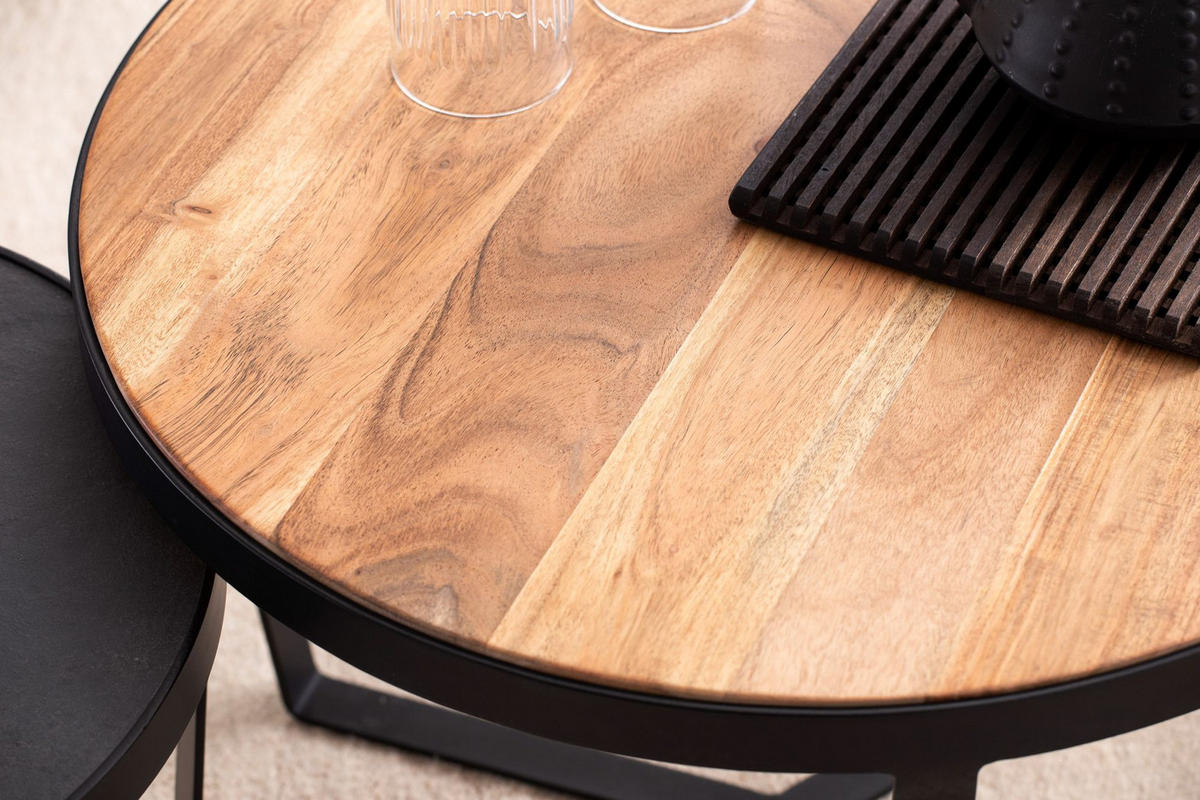 COUCHTISCH Set rund – Akazie Massivholz, Steinoptik, Metallgestell, Braun-Anthrazit - Schwarz, Holz/Metall (60/60/40cm) - KADIMA DESIGN