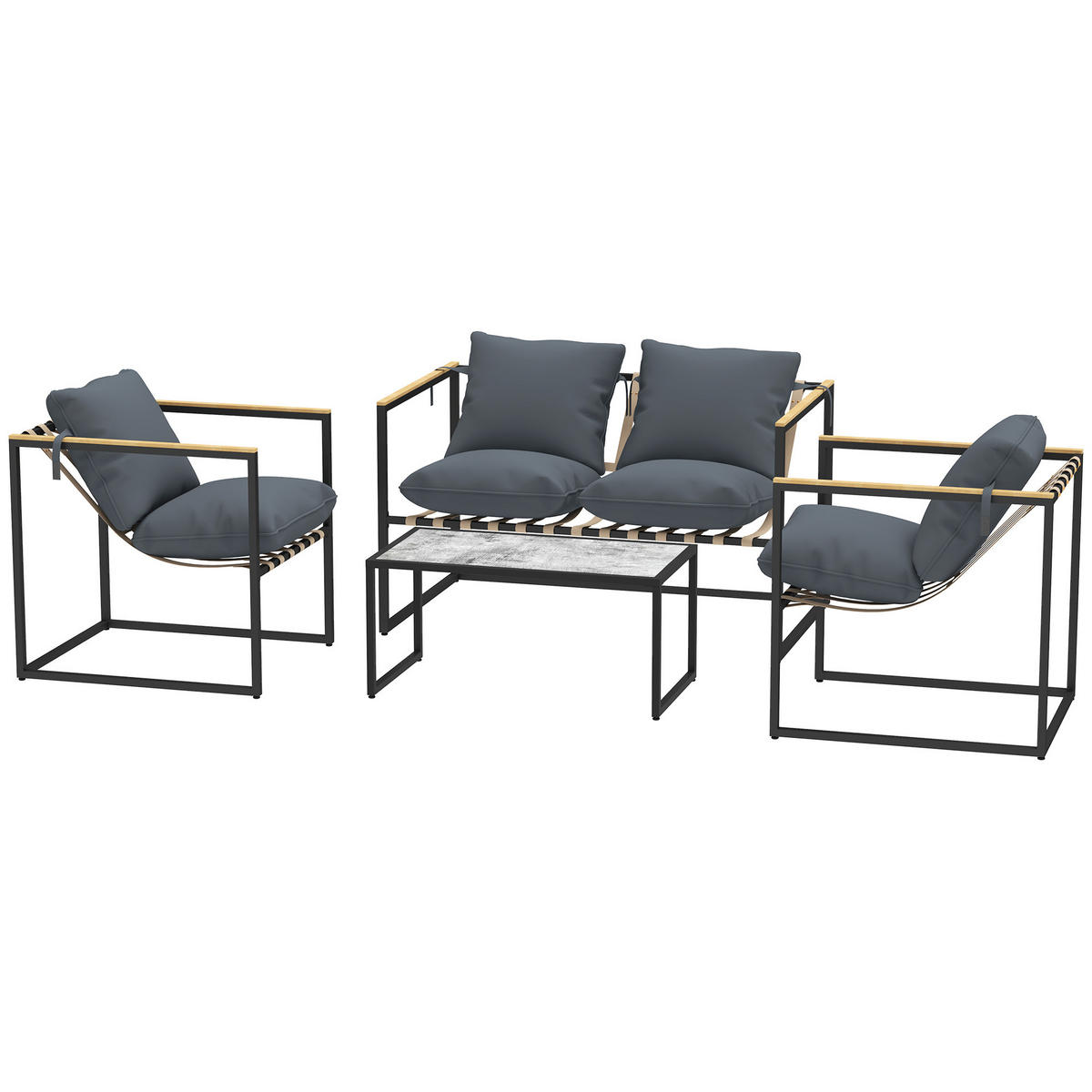 4-TEILIGES GARTENMÖBELSET DE-06537 2 Sessel, 2er Sofa, 1 Tisch, gepolstert Grau - Grau, Textil/Metall - ComfortXL