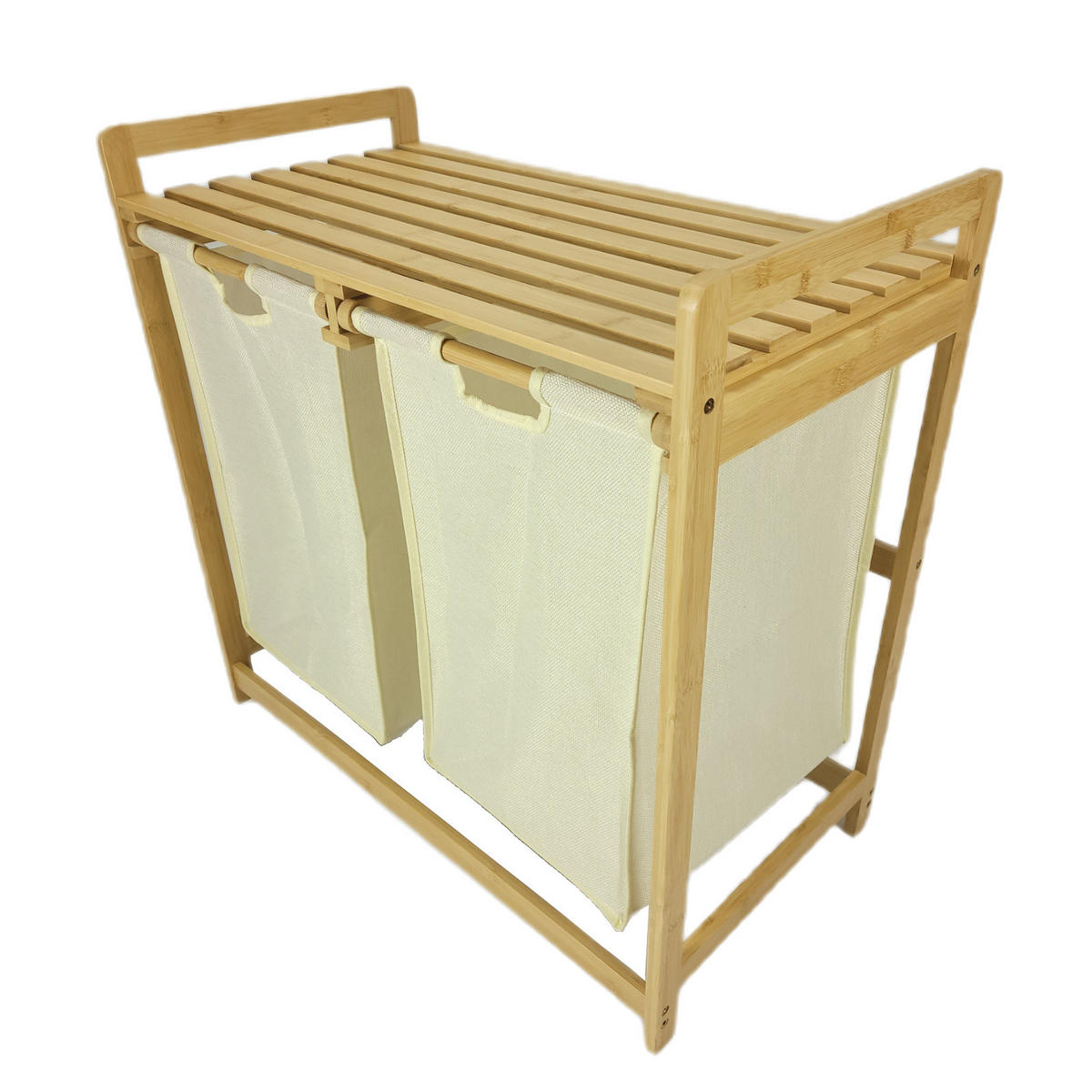 WÄSCHEKORB Bambus Textil Beige Naturfarben 2 Kammern 70x35x68 cm - Beige/Naturfarben, Holz/Textil (70/68/36.5cm) - Begryf