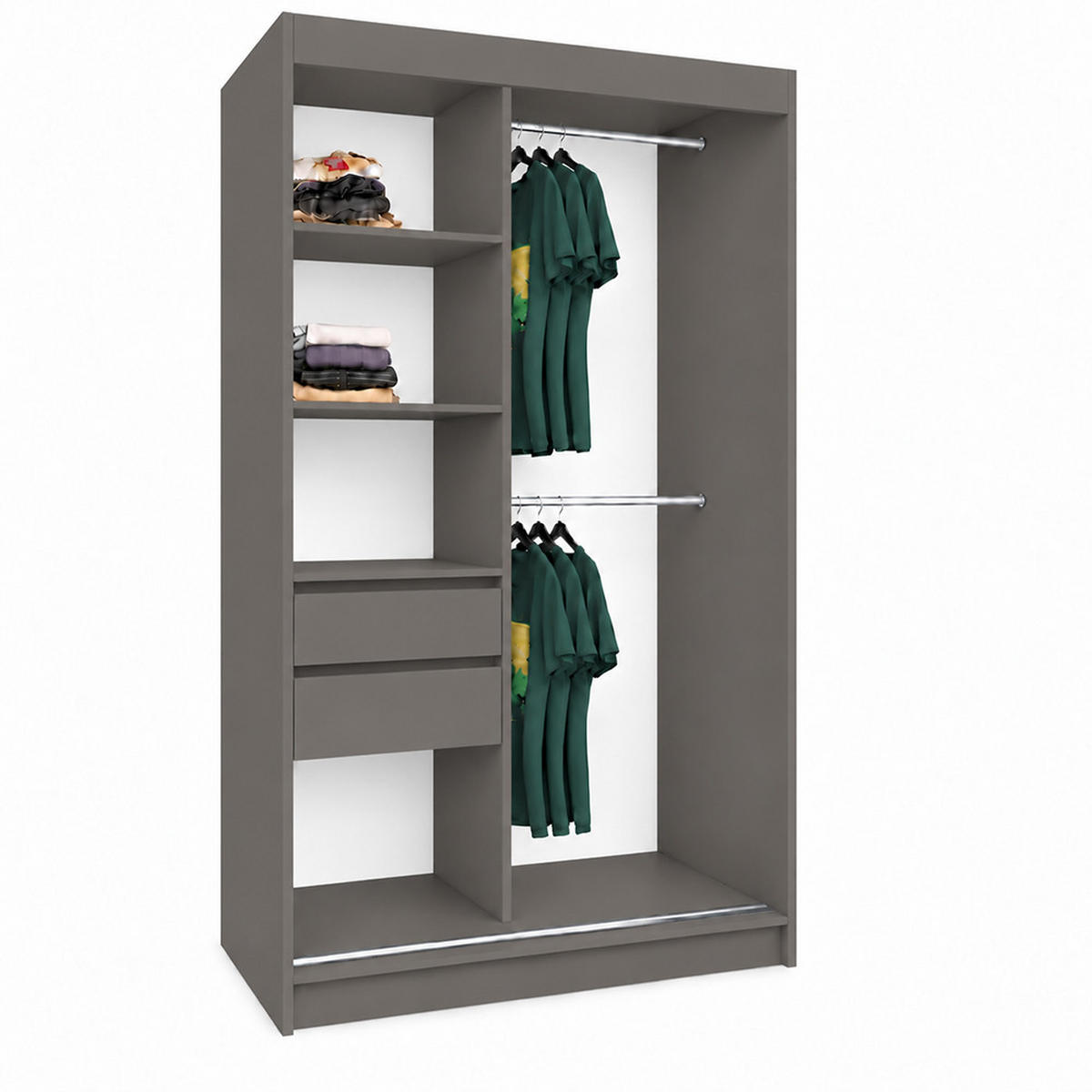 KLEIDERSCHRANK Malika 120 cm Graphit Spiegel 2 Schubl. Griffe silber - Graphitfarben, Holzwerkstoff (120/216/61cm) - KS Home Concept