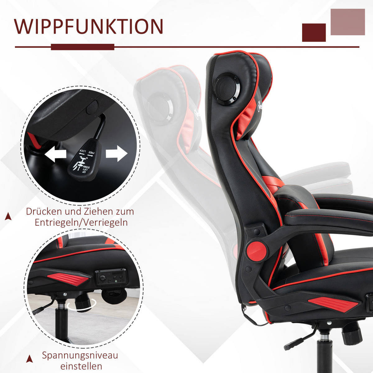 GAMING Stuhl mit runder Bodenplatte, drehbar & neigbar, ergonomischer Sessel, Schwarz-Rot - Rot, Leder (69/112/73cm) - BRILVERDE