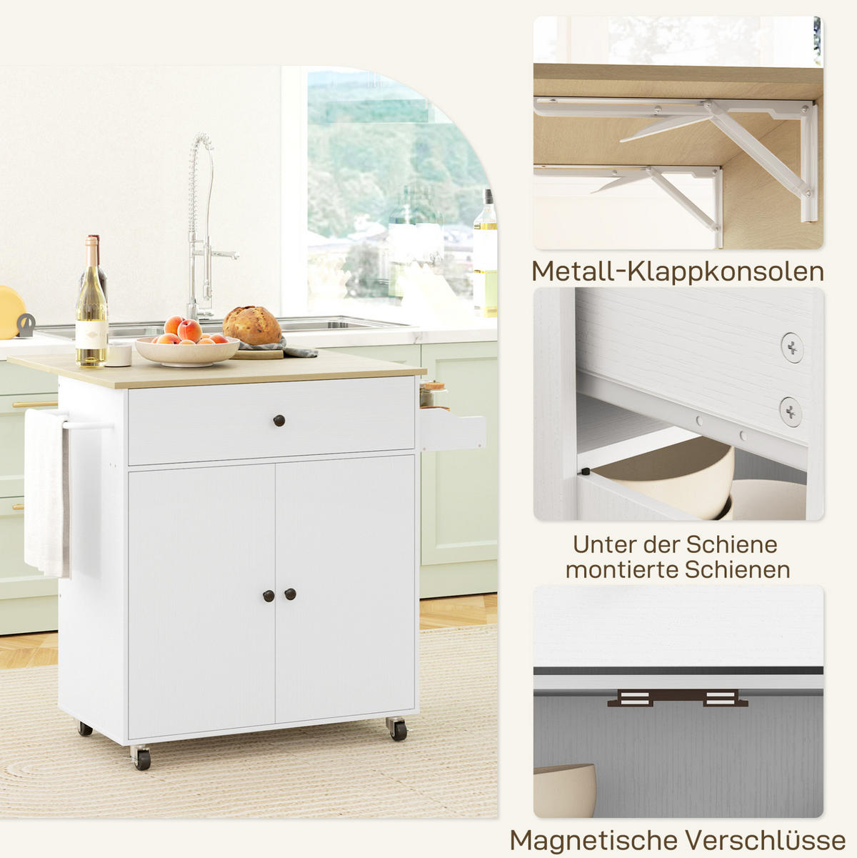 KÜCHENINSEL 106/42/87 cm in Weiß mit klappbarer Arbeitsplatte und Rollen - Weiß, Holzwerkstoff (106/87/42cm) - Flora Grace