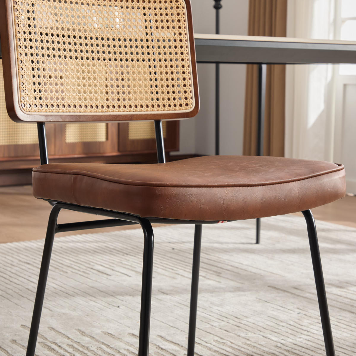 ESSZIMMERSTUHL 2er-Set Vintage PU-Leder Rattan-Optik Holz & Metallfüße - Braun, Leder (47/82/58cm) - Urban Meuble