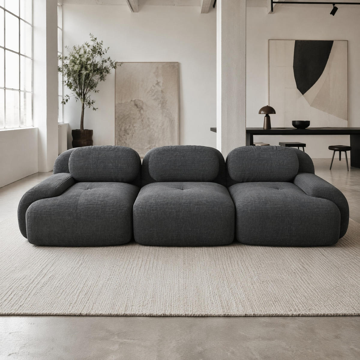 SOFA in Grau aus Cord mit rutschfester Unterseite - Grau, Textil (103/70/298cm) - Flora Grace
