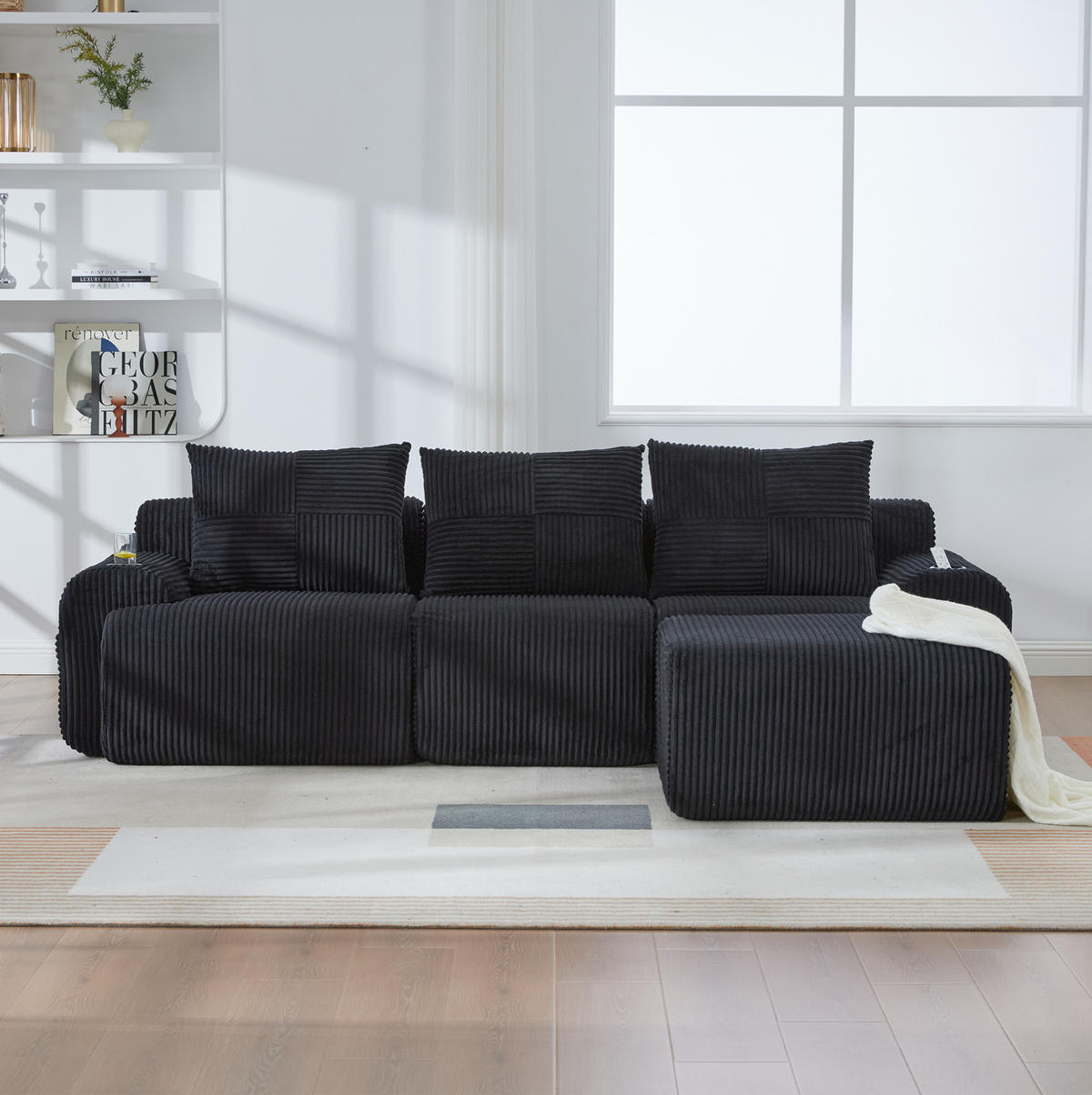 MODULARES 3-Sitzer Sofa Cordstoff mit Getränkehalter und Seitentasche 268/174/80 cm Schwarz - Schwarz, Textil (174/268cm) - Redom