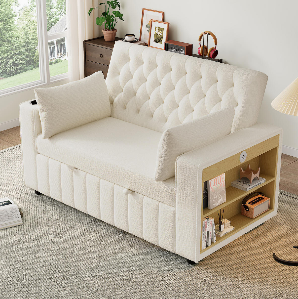 SCHLAFSOFA 140/137 cm Liegefläche in Beige – mit USB und Getränkehalter - Beige, Textil (140/84/137cm) - BEAOK
