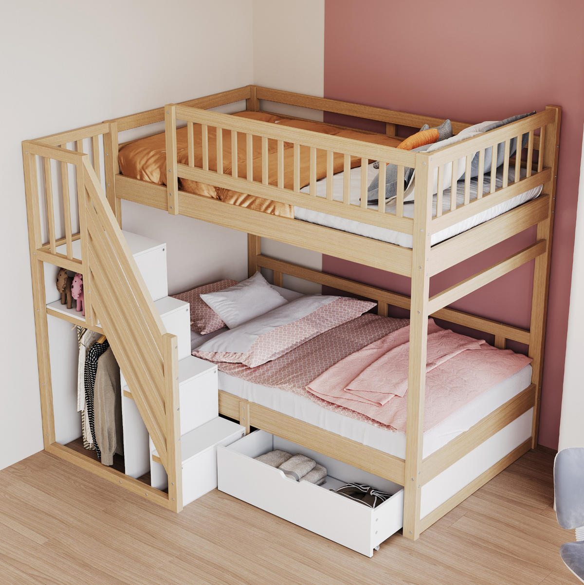 ETAGENBETT 90/200 cm mit Lattenrost, Treppe mit Stauraum und Schubladen, Natur /Weiß - Naturfarben, Holzwerkstoff (90/200cm) - Redom