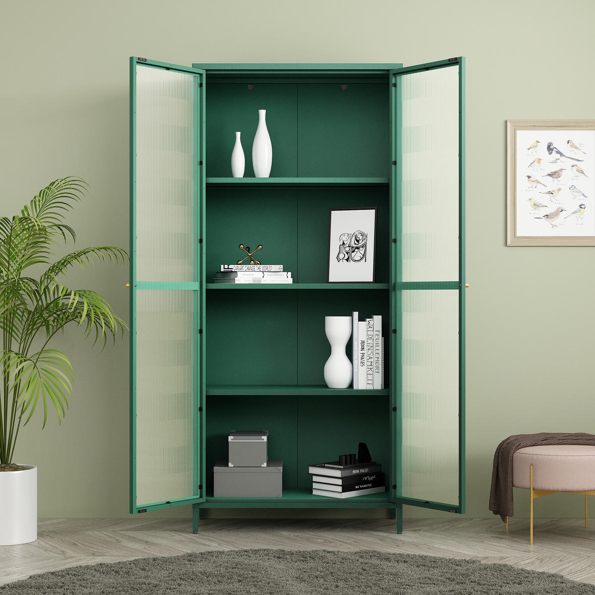 VITRINENSCHRANK Säkylä - Dunkelgrün, Glas/Metall (80/180/35cm) - [en.casa]