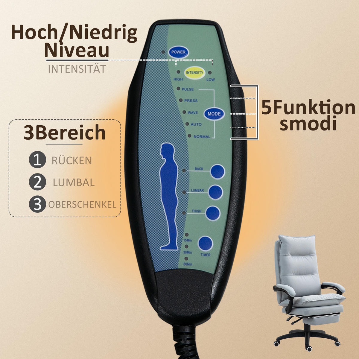 ERGONOMISCH Bürostuhl mit Massagefunktion, Computerstuhl mit Liegefunktion - Hellgrau, Kunststoff (62/130/70cm) - Vinsetto